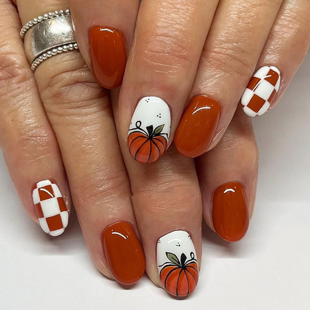 Halloween Press On Nails Short Almond Shape with Glossy Pumpkin Design 24PCS Acrylic Fake Nails