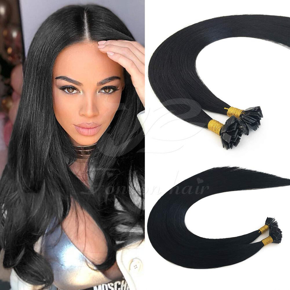 Unisex Black 18 Inch Jet Flat Tip Virgin Human Hair Extensions 1G Strands Silky Straight Fusion 50G