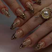 Gold French Tip Press On Nails Almond Shape with Rhinestones Reusable Acrylic Nail Set 24Pcs