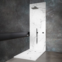 Receveur de douche - 200x100 cm - Imitation marbre blanc - Extra plat 2,5 cm - Grille carrée inox blanc