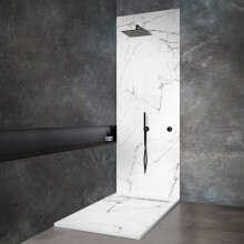 Receveur de douche - 150x100 cm - Effet marbre blanc - Caniveau linéaire inox blanc - Siphon ultra-plat