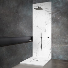 Receveur de douche - 80x80 cm - Aspect marbre blanc - Résine minérale extra-plat 2,2 cm - Grille carrée inox blanc