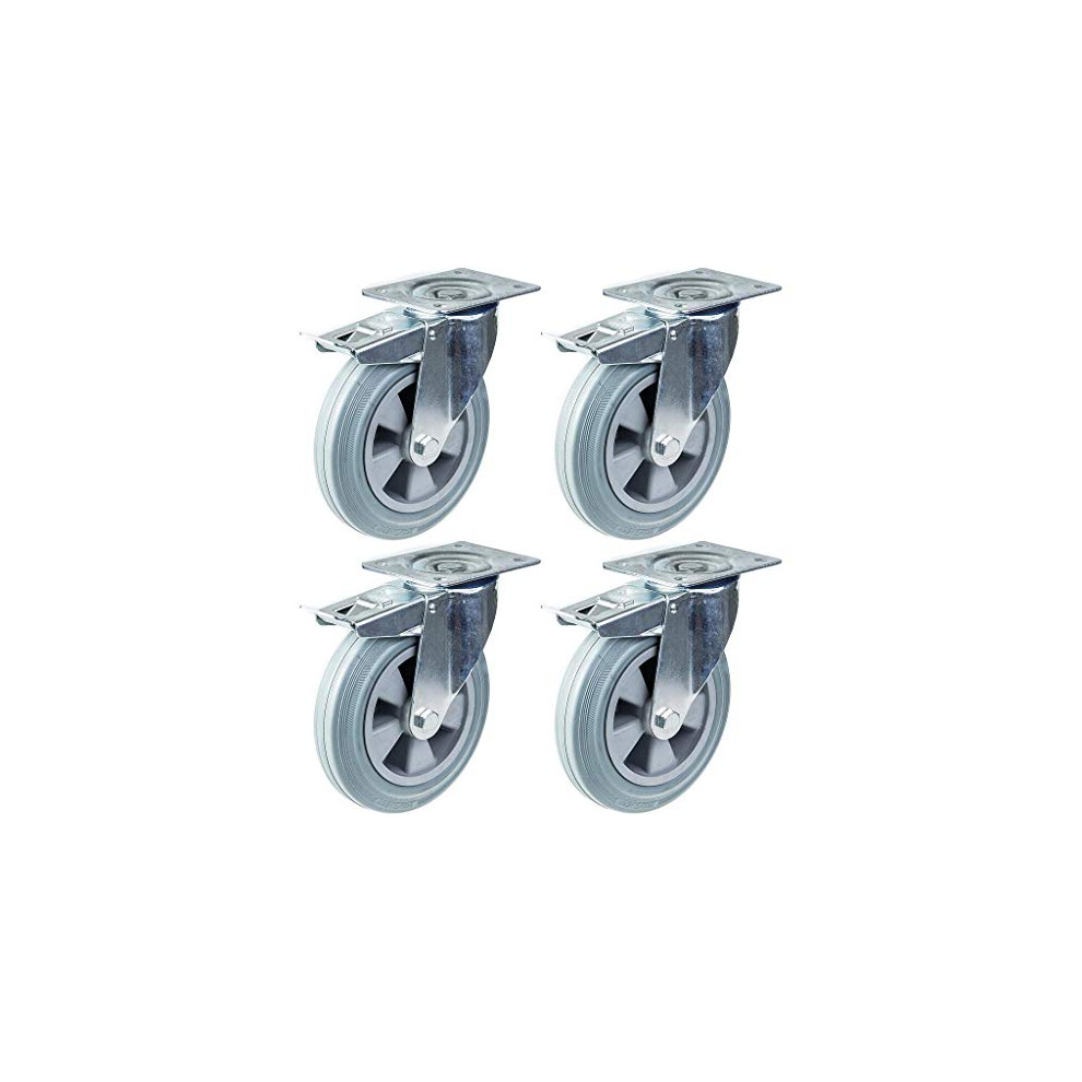 200Mm 8" Castor Grey Rubber Swivel With Brake Strong 820Kg Capacity, Set Of 4 5056116827388