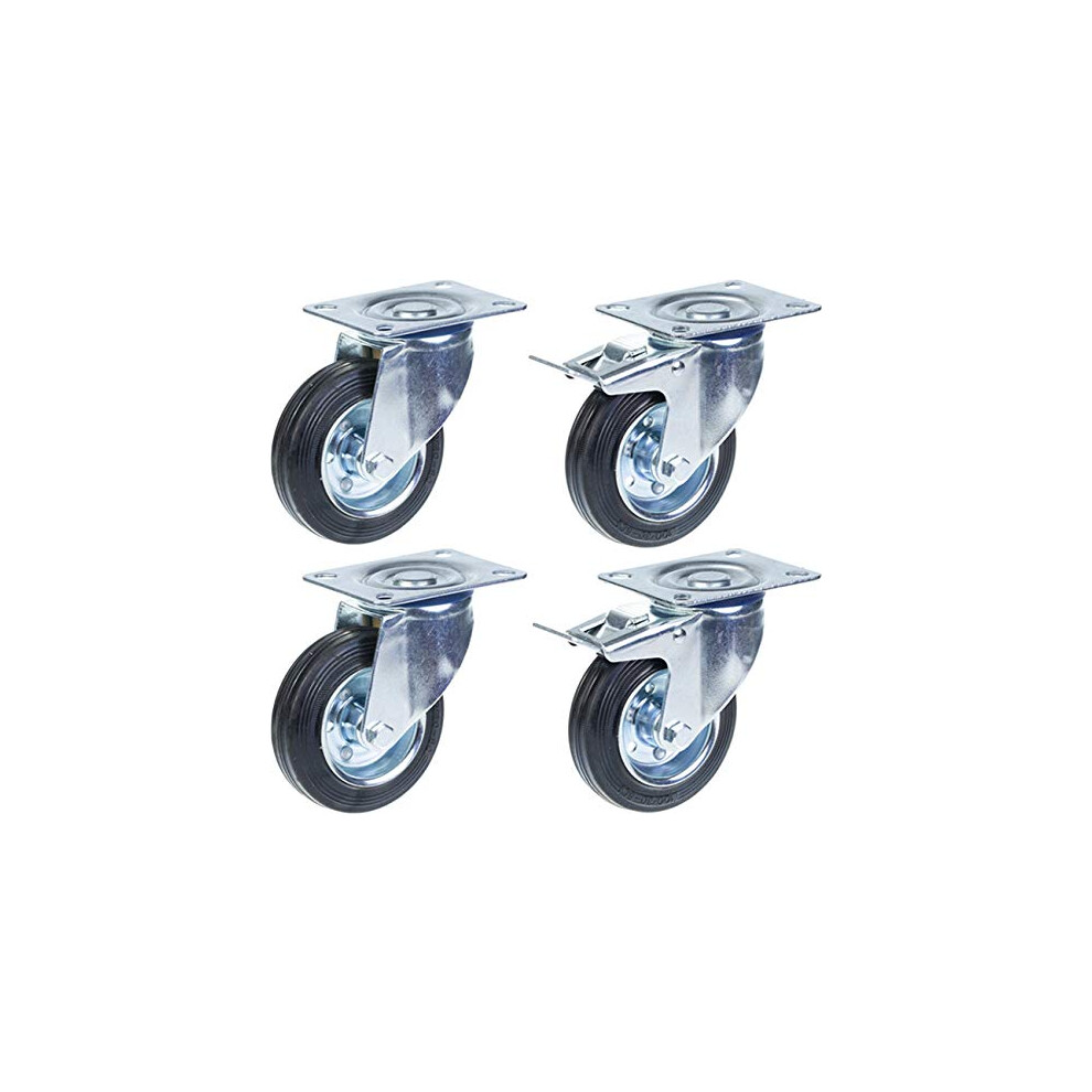 100Mm 4" Castor Rubber Tyre, Swivel & Brake, Strong 360Kg Capacity, Set Of 4 5056116819475