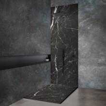 Receveur de douche - 160x80 cm - Effet marbre noir - Caniveau linéaire inox - Siphon ultra-plat