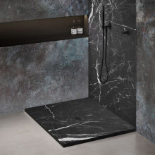 Receveur de douche - 80x80 cm - Effet marbre noir - Caniveau linéaire inox - Siphon ultra-plat