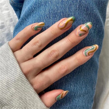 24pcs Short Almond Press On Nails with Glue, Green Yellow Waves Full Cover Fake Nails for Women