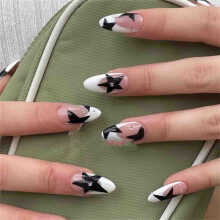 Short Almond Press On Nails French Tip Fake Nails with Glue, 24pcs Full Cover Set for Women