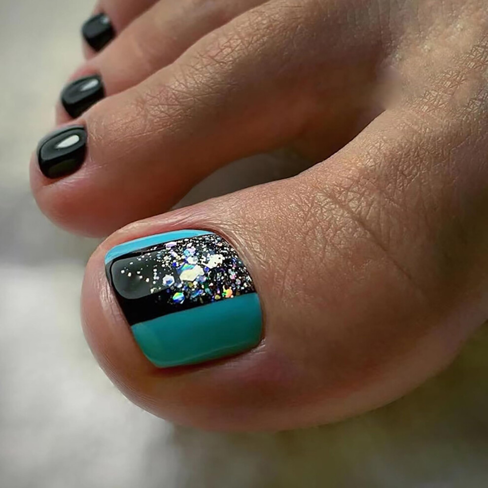Blue Press On Toenails Sky Glitter French Style Reusable Fake Toenails With Glue, 24Pcs