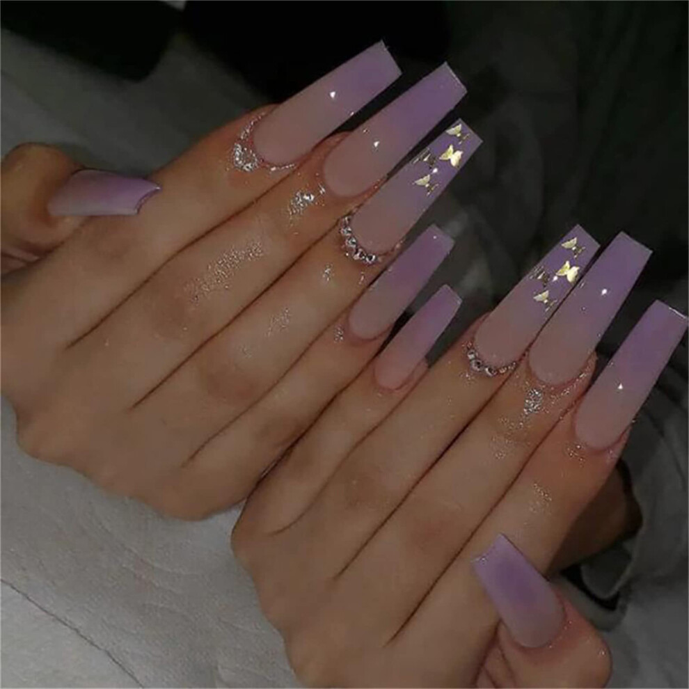 Purple 24Pcs Glitter Coffin Press On Nails With Butterfly Design, Long Full Cover Fake Nails With Glue
