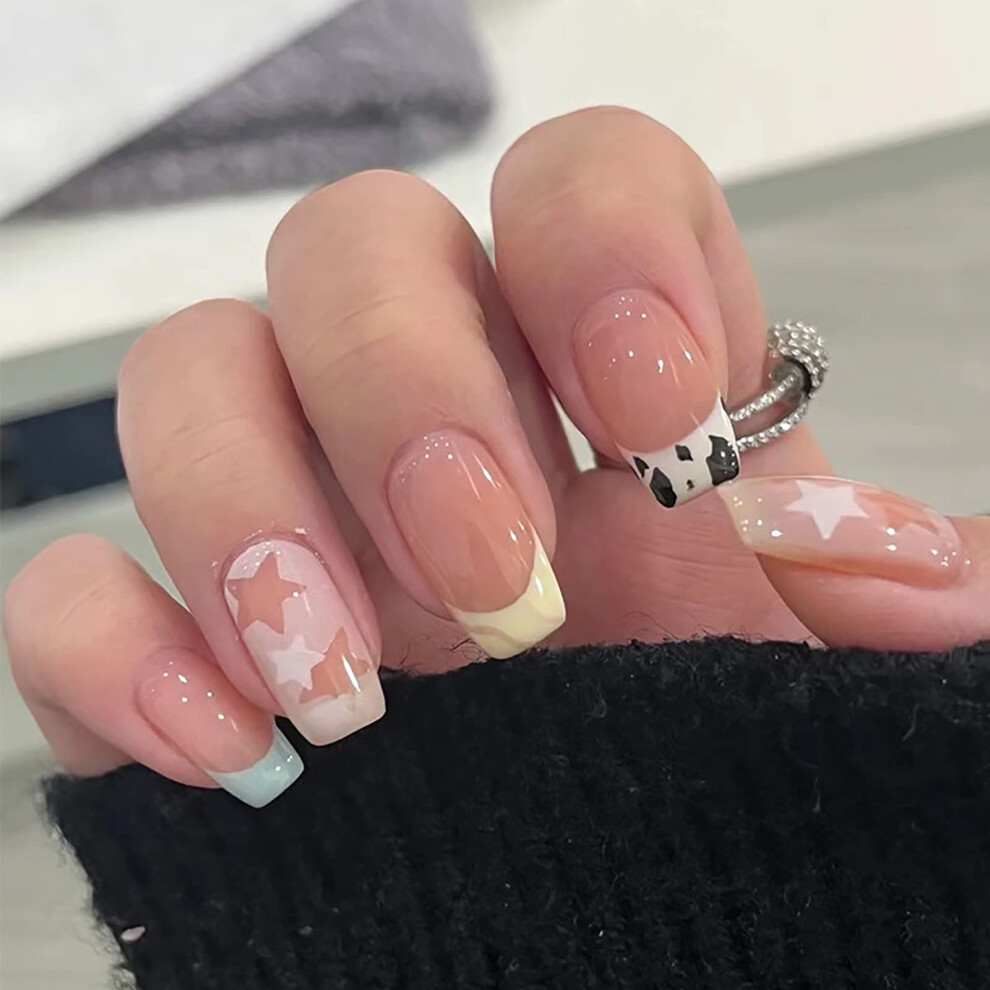 Short Square Press On Nails French Tip Fake Nails with Stars Colorful Acrylic Nail Set 24 Pcs