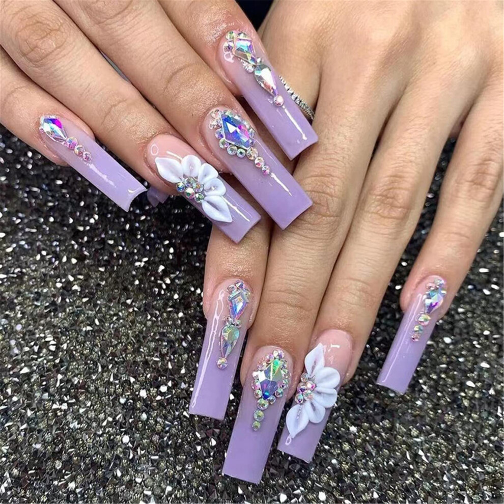Purple Long Coffin Press On Nails With Ombre Gems Glossy Salonquality False Nails For Women