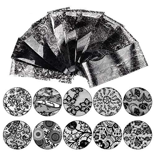 Press On Nail Tips with Lace Foil Stickers Black and White Full Coverage Acrylic Extensions