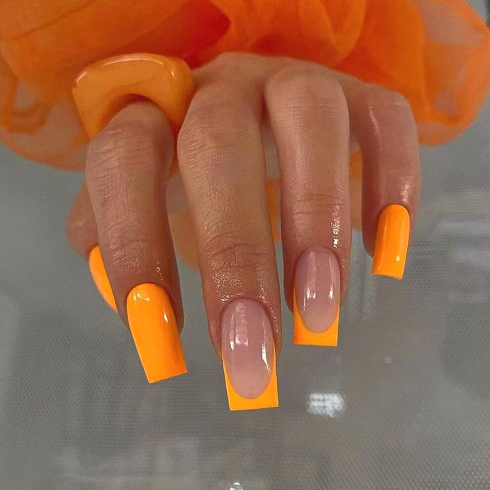 Orange Medium Square Press On Nails Glossy Fake Acrylic Reusable 24Pcs Instant Salon Look