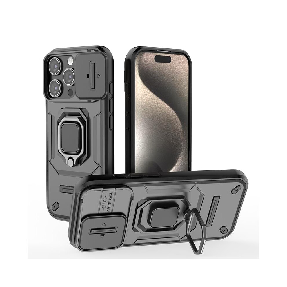 Case For Iphone 16 Pro With Shockproof Protection, Lens Sliding Cover And Car Holder Support Black 9330225917373
