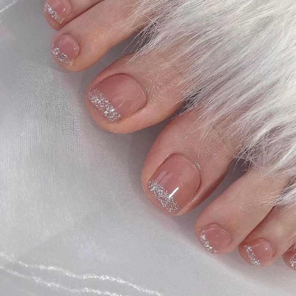 Pink,Cream Nude Pink Square Fake Toenails Set With Glossy Glitter, Salonquality Press On Toenails For Women