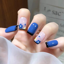 Medium Blue Coffin Press On Nails with Flower Design, Glossy Black Tips, Reusable Full Cover Set