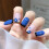 Medium Blue Coffin Press On Nails with Flower Design, Glossy Black Tips, Reusable Full Cover Set 1