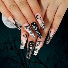 Halloween Coffin Press on Nails with Pumpkin Skull Designs, Long Acrylic Fake Nails with Glue, 24 Pcs