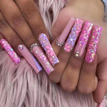 24pcs Long Press On Nails with Rhinestones Flower Design Glitter Fake Nails for Weddings Parties