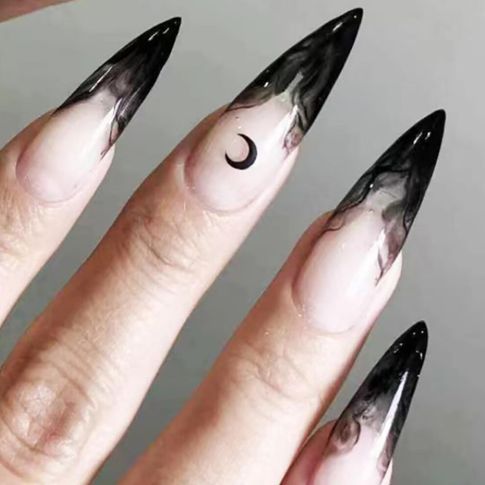 Black Halloween Gothic Press On Nails Medium Almond French Tip Reusable False Nail Set 24Pcs