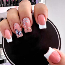 Medium Square Press On Nails 24PCS Glossy Pink French Tip Butterfly Design Easy StickOn Full Cover