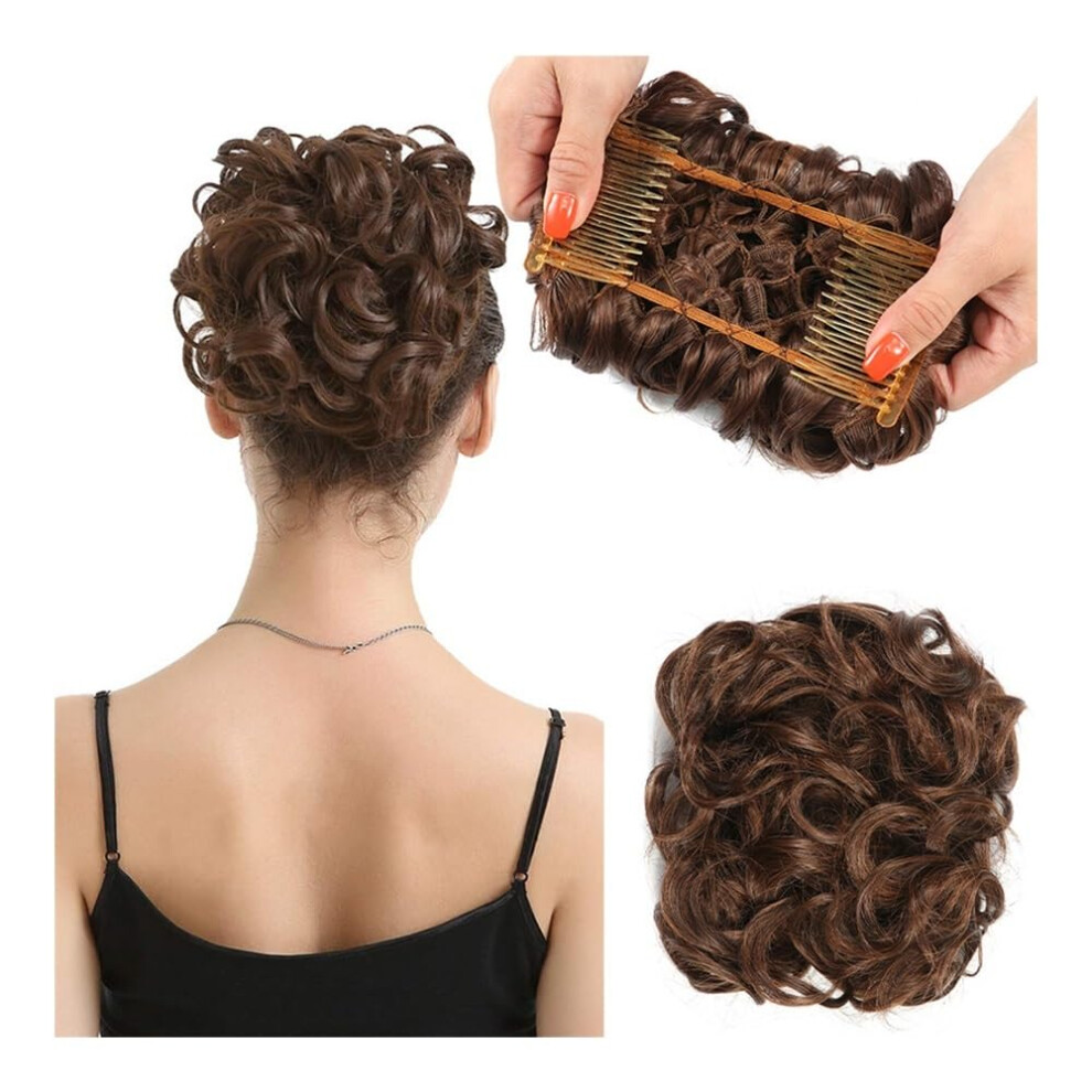 Unisex Black Messy Bun Hairpiece For Women Curly Synthetic Bun With Comb Fluffy Updo Extension