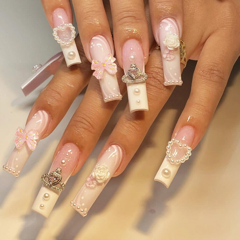 White 24Pcs Long French Tip Press On Nails With 3D Pearl Rhinestones Butterfly Charms Reusable Acrylic