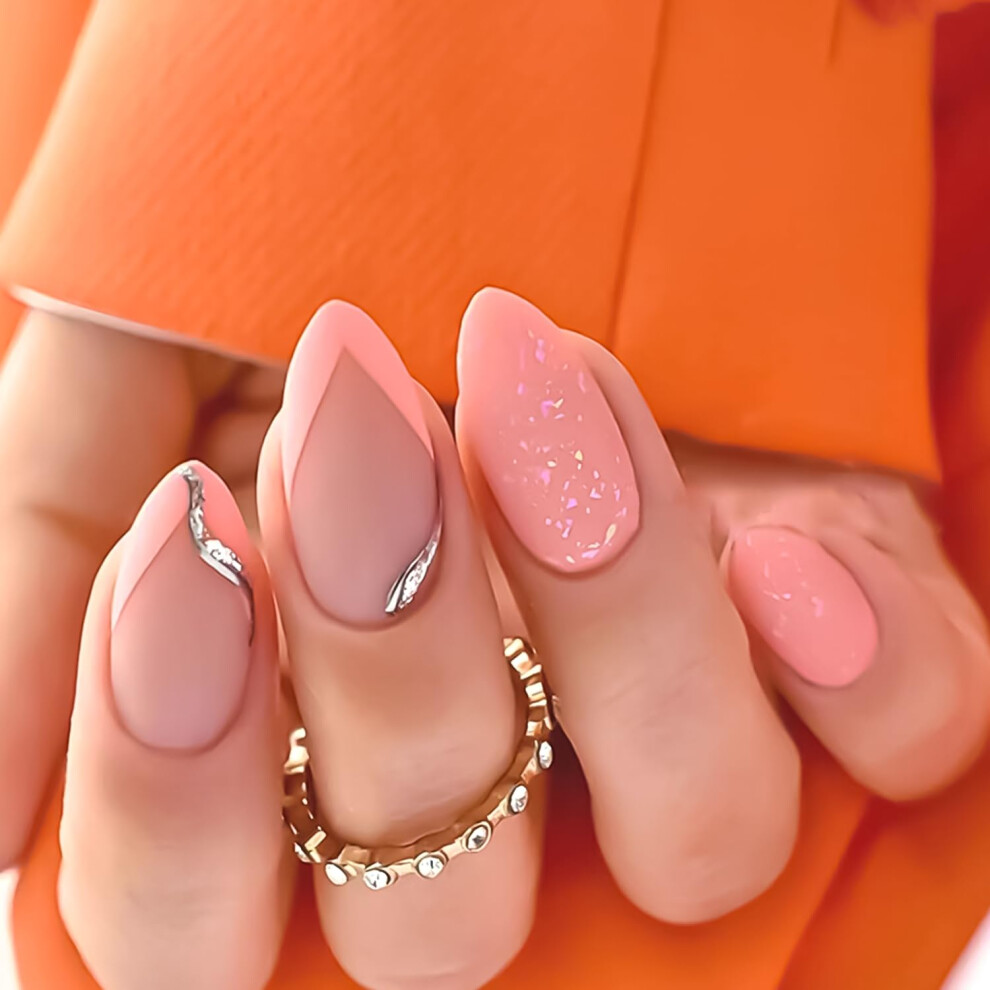 24Pcs Almond French Tip Press on Nails Short Pink Fake Nails Set, Reusable Acrylic False Nails for Women