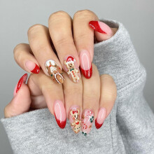 Christmas Press On Nails Almond Shape Red French Tip with Cute Bear Design, 24pcs Reusable Set