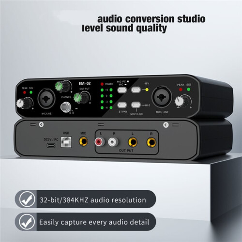 Audio Interface with Microphone 48V Preamp 32-Bit/384KHz Resolution for Electric Guitar Live Professional Studio Singing 1