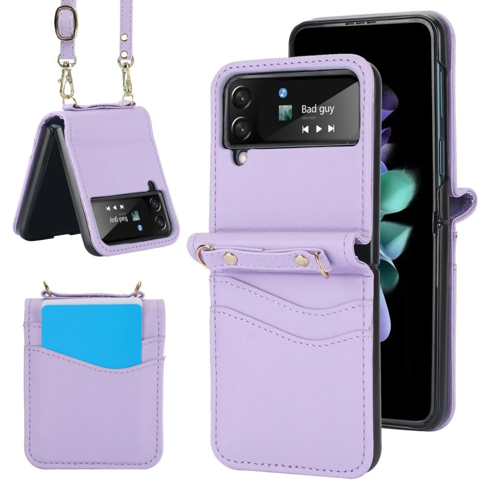 Crossbody Leather Wallet Case With Lanyard, Shockproof Slim Cover For Samsung Z Flip 4 Purple 9330225917892