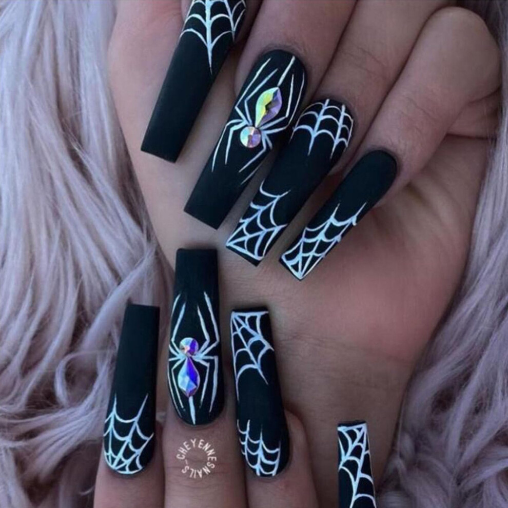 Black Extra Long Coffin Press On Nails With Halloween Spider Web And Rhinestone Fake Nails