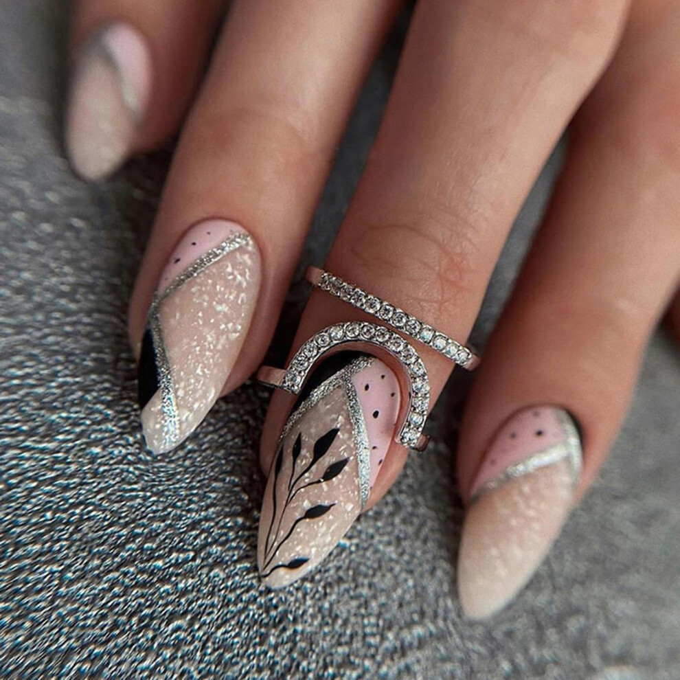 Almond Press On Nails with Silver Glitter Black Leaf Design, Medium Length Glossy Acrylic Fake Nails for Women
