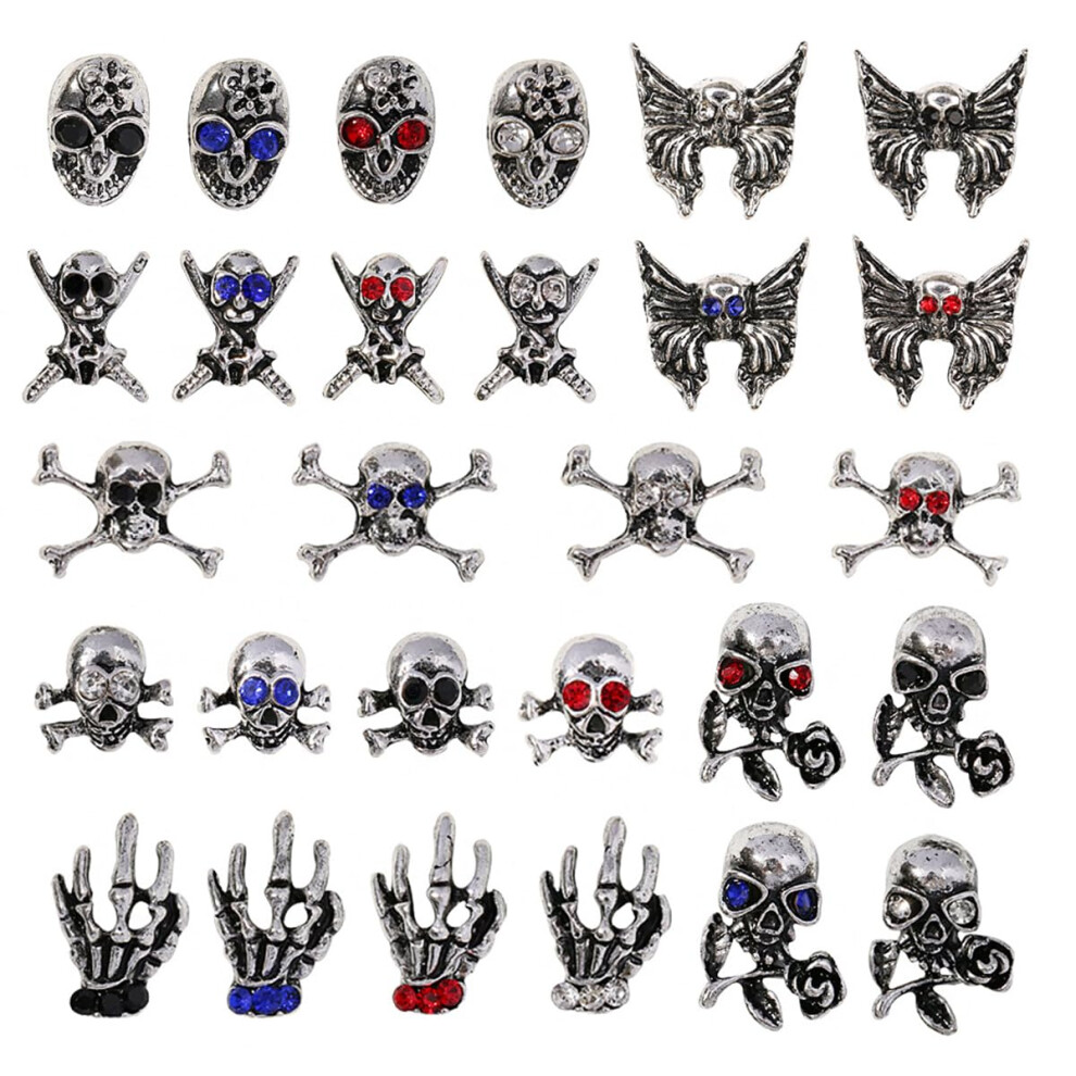 Silver Halloween Nail Charms 28Pcs 3D Skull Skeleton Rhinestone Acrylic Nail Decorations Set