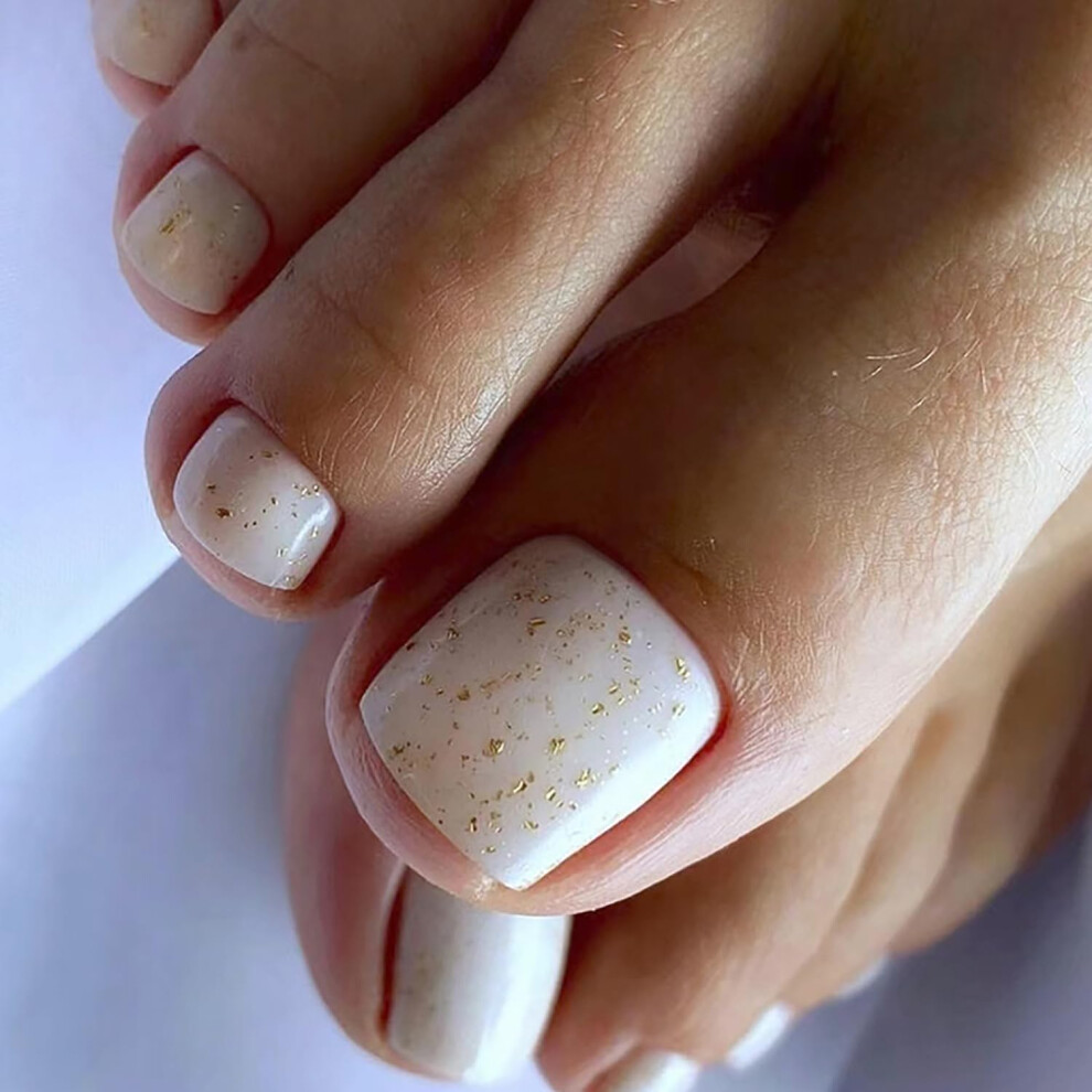 White Press On Toenails Set 24Pcs Square Shape Fake Toenails With Glue Instant Pedicure For Women