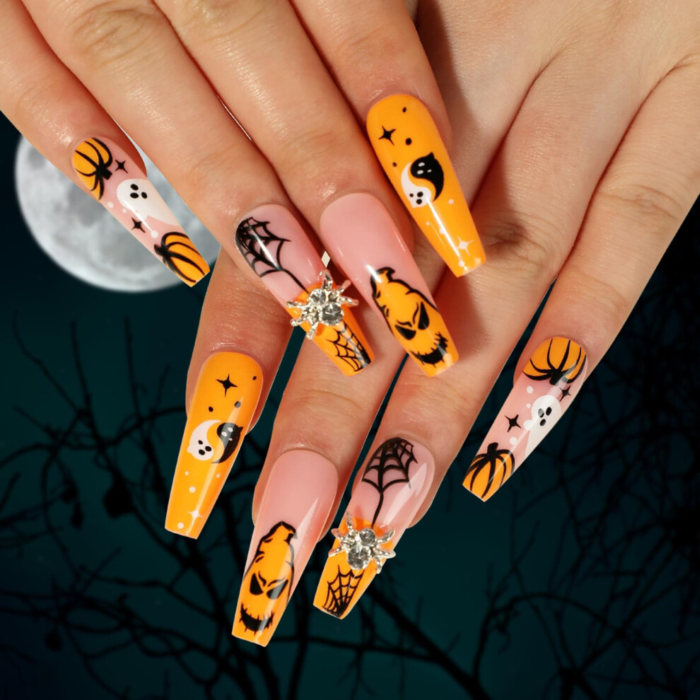 Halloween Press On Nails Long Coffin Fake Nails with Spider Web and Spider Charm Design 24Pcs