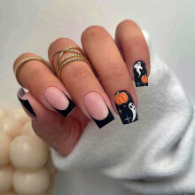 Halloween French Tip Press on Nails with Pumpkin and Ghost Designs, Matte Reusable Fake Nails, 24PCS