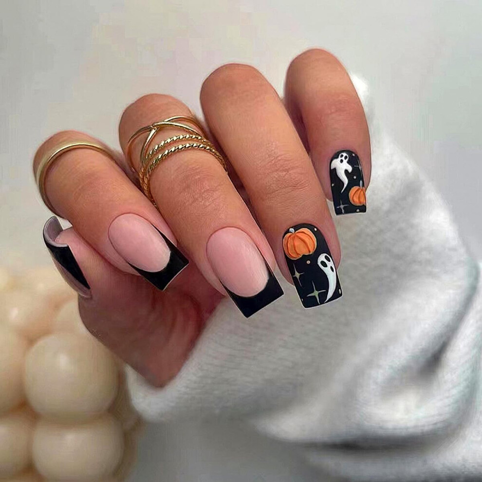 Halloween French Tip Press on Nails with Pumpkin and Ghost Designs, Matte Reusable Fake Nails, 24PCS