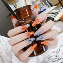 Halloween Press On Nails with Glue Medium Length Pumpkin and Spider Full Cover Fake Nails for Women