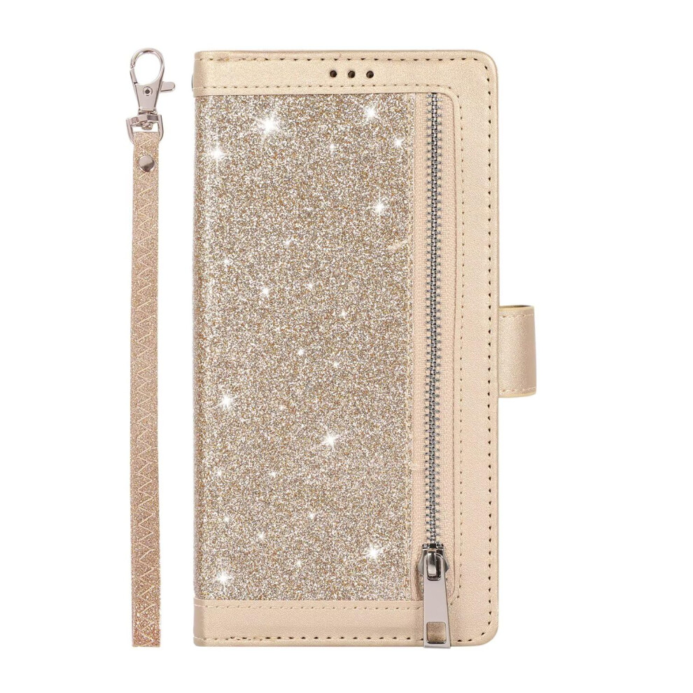 Wallet Case Glitter Leather Flip Cover With Card Slots Zipper And Wrist Strap For Samsung Galaxy S23 Ultra Gold 9092120011036