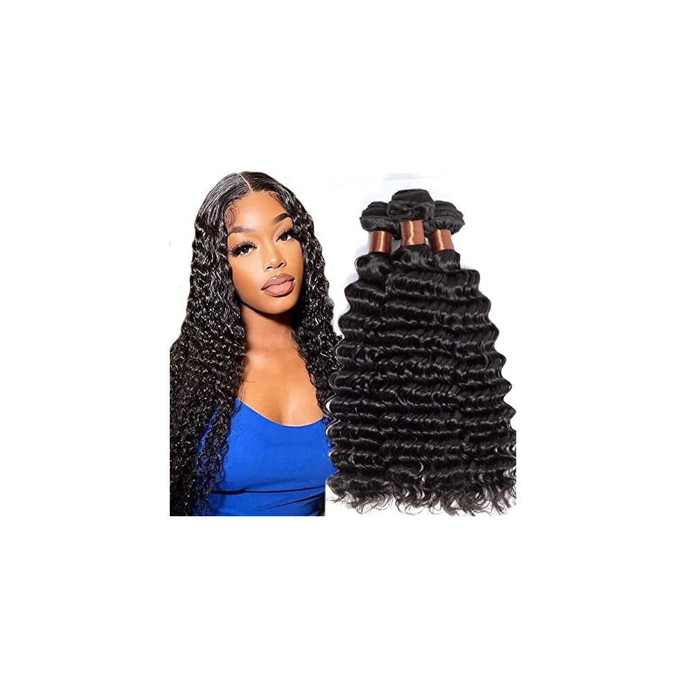 Unisex Black Brazilian Deep Wave Hair 3 Bundles 100% Virgin Human Hair Weave Natural Dye And Bleach Ready