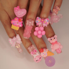 Square Press On Nails with Charms Nude Pink Acrylic Fake Nails Heart Bear Design Reusable 24Pcs