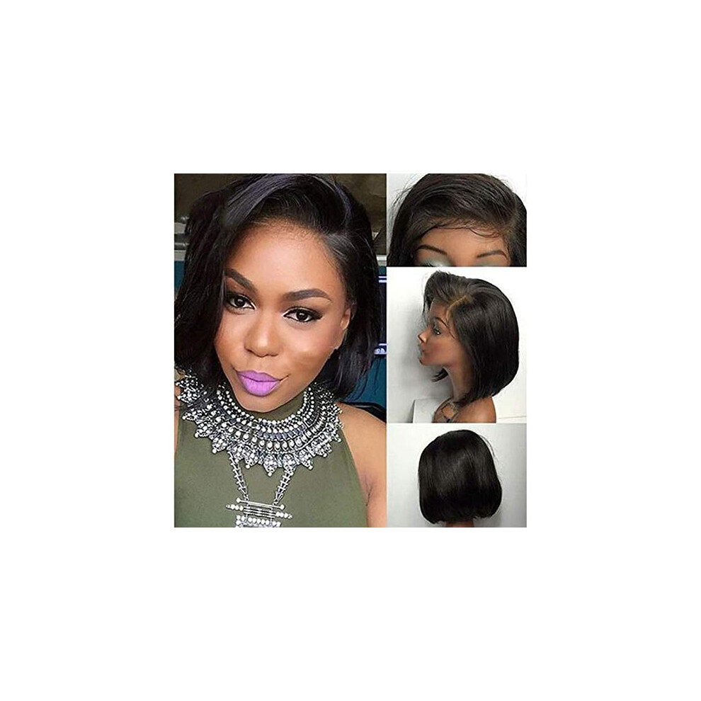 Unisex 10 Inch Human Hair Lace Front Bob Wig Brazilian Virgin Preplucked Hairline Glueless Natural Color
