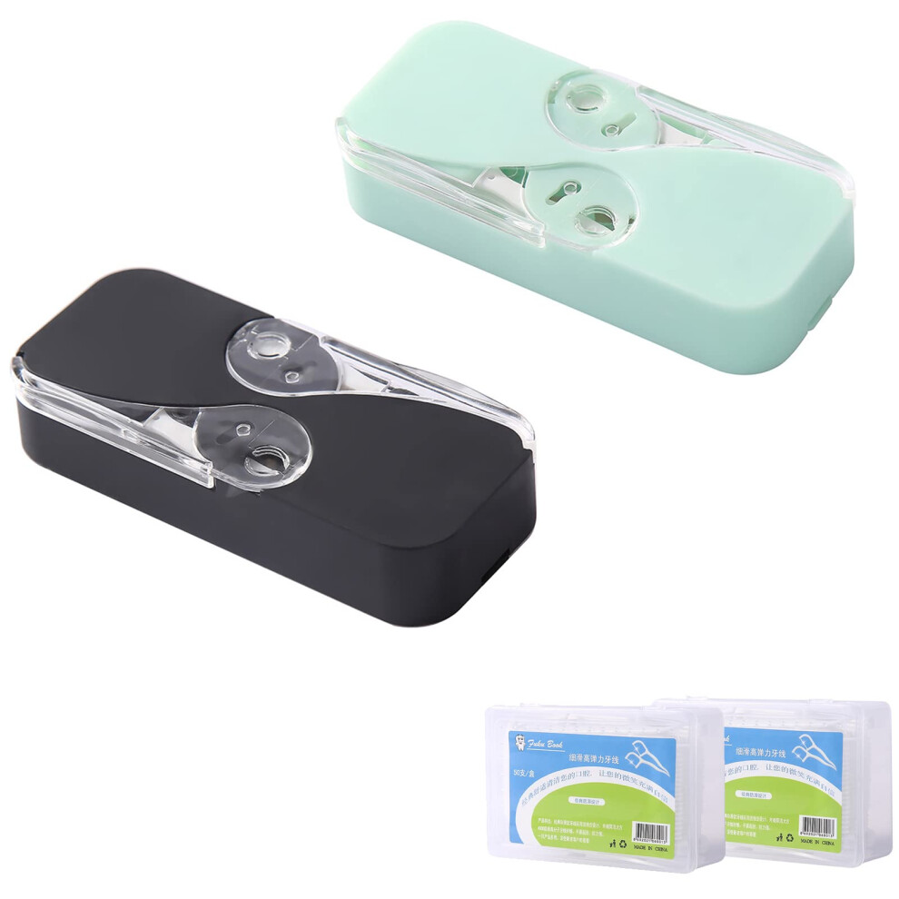 Black/Green Portable Floss Dispenser With Onehand Push And Refillable Case, Travel Dental Floss Pick Holder (2Pcs +Green)