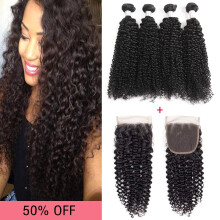 Brazilian Kinky Curly Virgin Human Hair Extensions with 4x4 Lace Closure Natural Black 7A