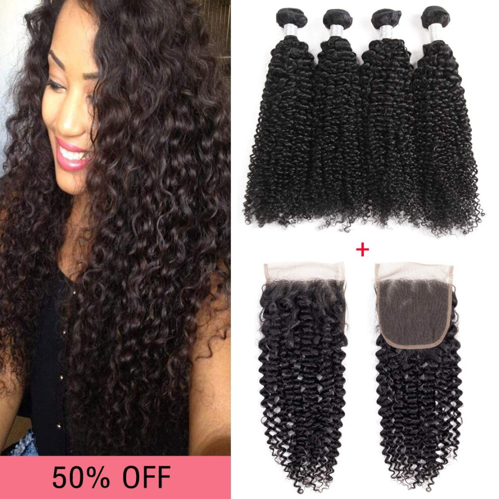 Unisex Black Brazilian Kinky Curly Virgin Human Hair Extensions With 4X4 Lace Closure Natural 7A