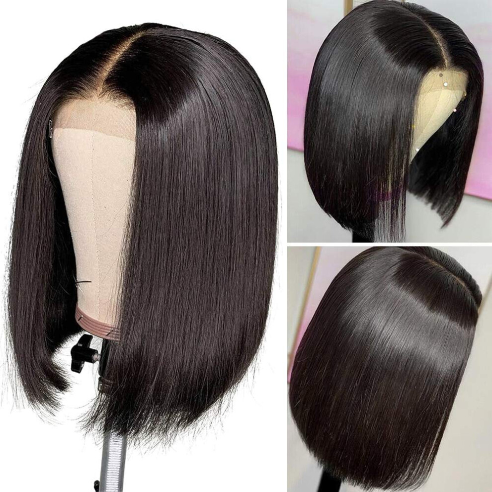 Unisex Human Hair Lace Front Wig Brazilian Straight Bob 14In Pre Plucked Natural Hairline Bleach Dye Friendly