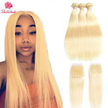 613 Blonde Human Hair Bundles Brazilian Virgin Straight Hair with Lace Closure Natural Scalp Look