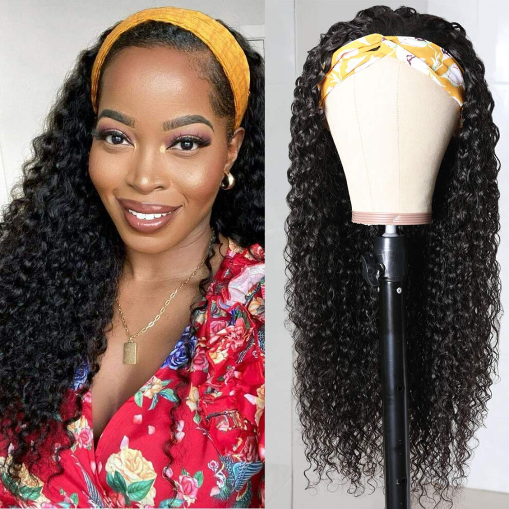 Unisex 18 Inch Kinky Curly Headband Wig Brazilian Remy Human Hair Glueless No Lace Front For Women